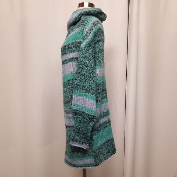 Free People Blue Green Waterfalls Combo Striped Pullover Cowl Neck Tunic Sweater - Picture 3 of 9